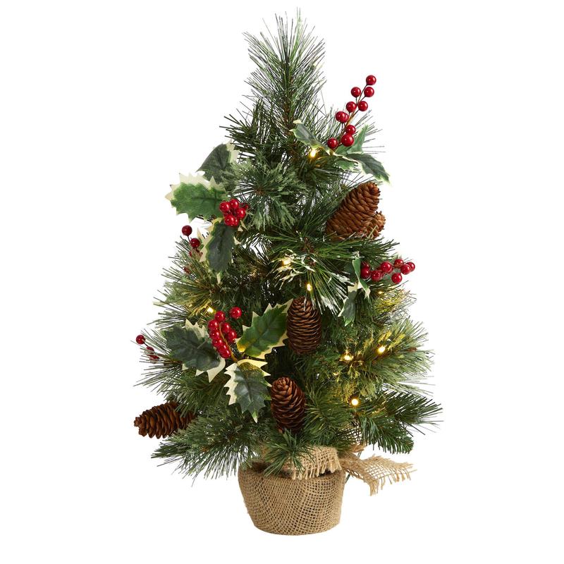18 Mixed Pine Artificial Christmas Tree with Holly Berries Pinecones 35 Clear LED Lights and Burlap Base