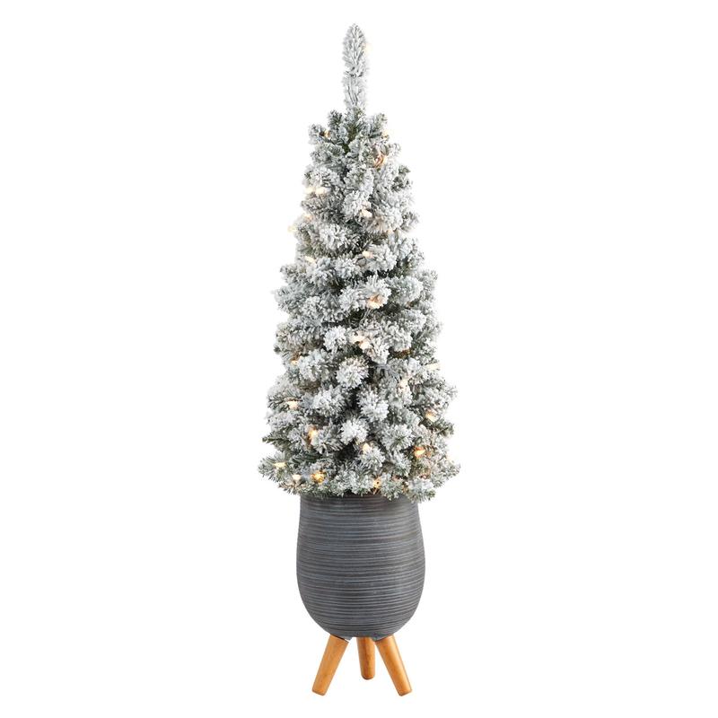 3.5 Flocked Pencil Artificial Christmas Tree with 50 Clear Lights and 132 Bendable Branches in Gray Planter with Stand