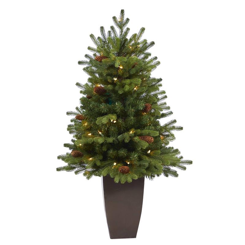 3.5 Yukon Mountain Fir Artificial Christmas Tree with 50 Clear Lights and Pine Cones in Bronze Metal Planter