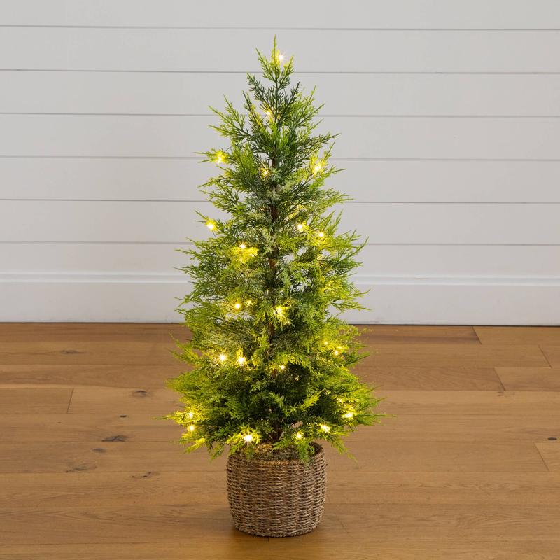 3'  Pre-Lit Artificial Lightly Snowed Cypress Christmas Tree with 38 Warm White LED Lights in Decorative Weaved Basket