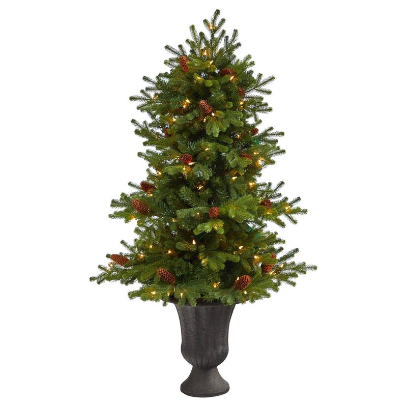 4.5 Yukon Mountain Fir Artificial Christmas Tree with 100 Clear Lights, Pine Cones and 386 Bendable Branches in Charcoal Planter