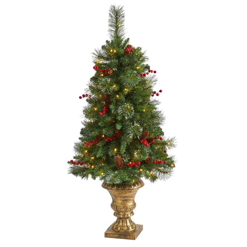 4 Pine, Pinecone and Berries Artificial Christmas Tree with 100 Clear LED Lights in Decorative Urn