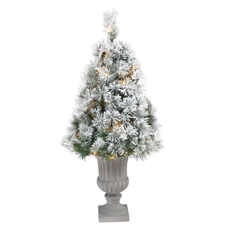 44 Flocked Oregon Pine Artificial Christmas Tree with 50 Clear Lights and 113 Bendable Branches in Decorative Urn