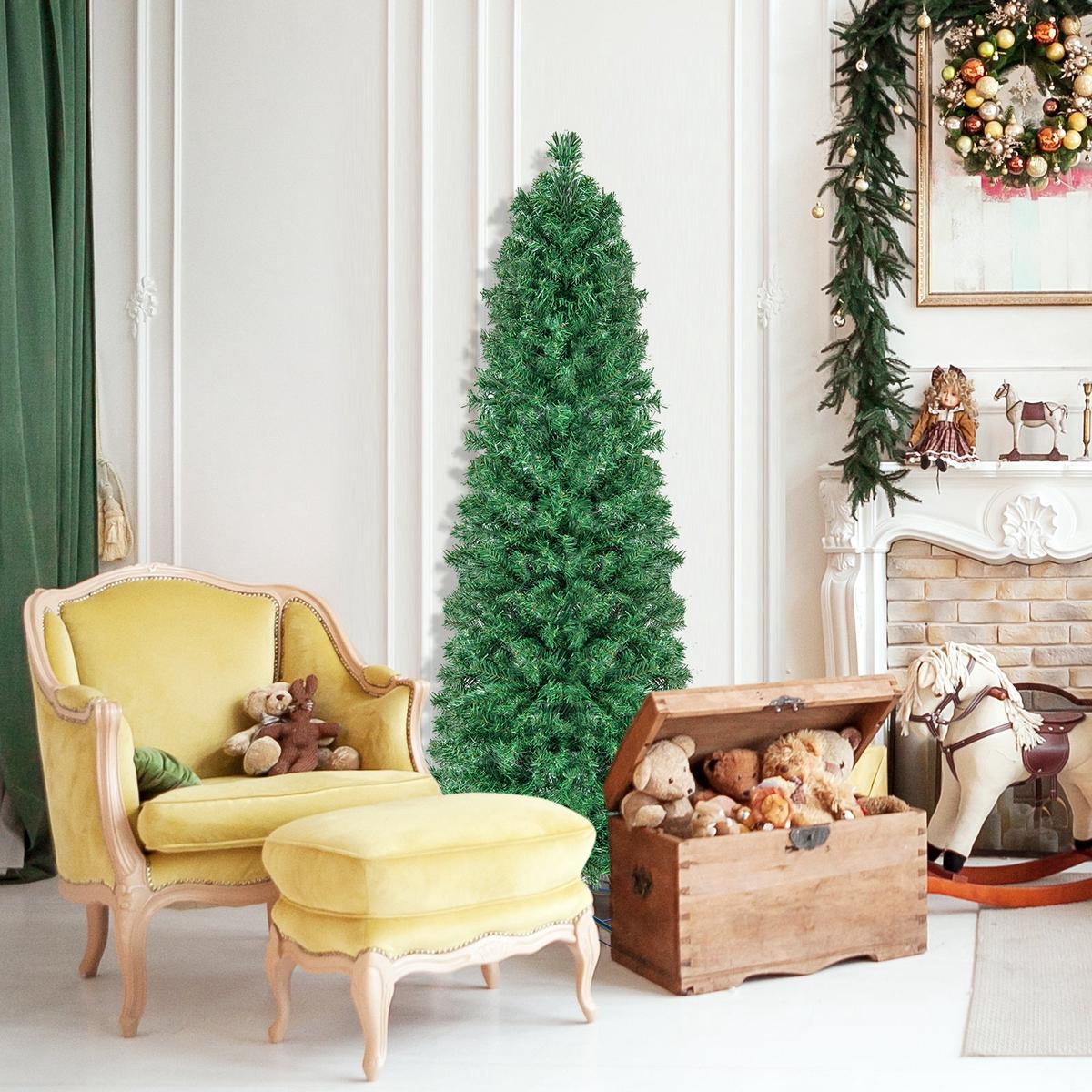 5/6/7/8  - 5  5/6/7/8 FT Pre-Lit Christmas Pencil Tree with Colorful Fiber Optics Green-5 ft