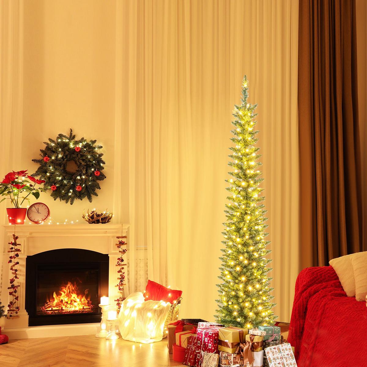 5/6/7/8/9  150/180/200//300/400  LED  - 6  5/6/7/8/9 Feet Pre-lit Pencil Artificial Christmas Tree with 150/180/200//300/400 Warm White LED Lights-6 ft