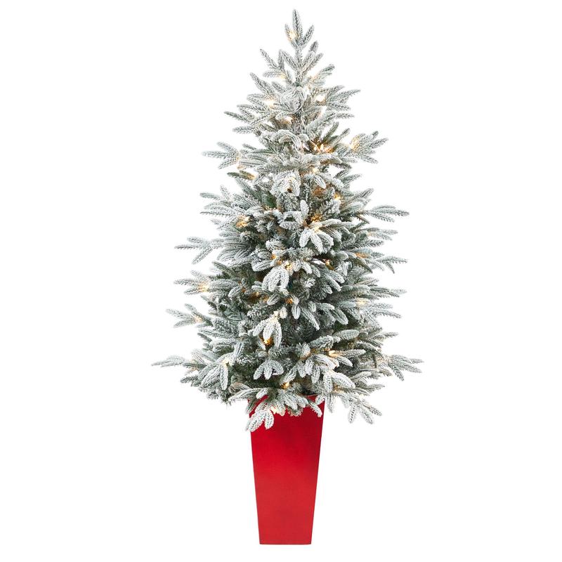 5 Flocked Manchester Spruce Artificial Christmas Tree with 100 Lights and 357 Bendable Branches in Red Tower Planter