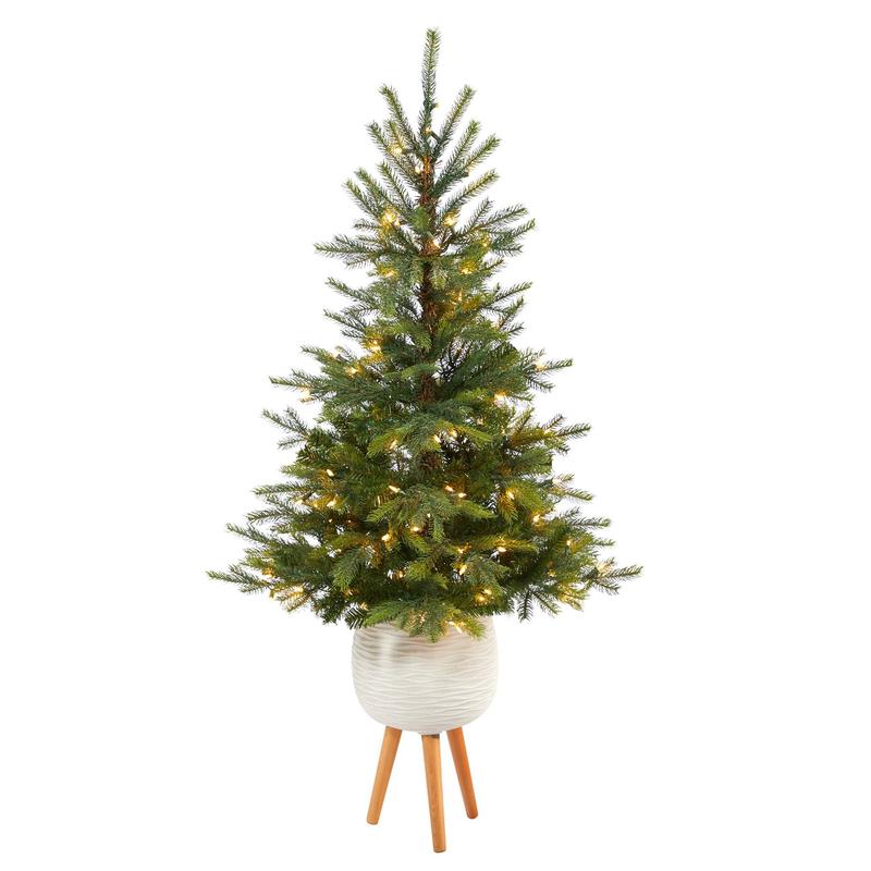 5 North Carolina Spruce Artificial Christmas Tree with 100 Clear Lights and 207 Bendable Branches in White Planter with Stand