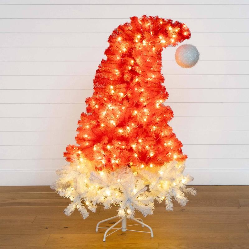 5 Pre-Lit Artificial Holiday Red Santas Hat Christmas Tree with 300 LEDs & 720 Tips
