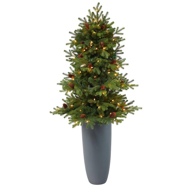 5 Yukon Mountain Fir Artificial Christmas Tree with 100 Clear Lights, Pine Cones and 386 Bendable Branches in Gray Planter