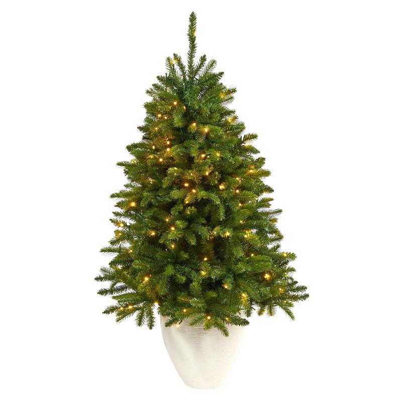 50 Sierra Spruce Natural Look Artificial Christmas Tree with 150 Clear LED Lights in White Planter