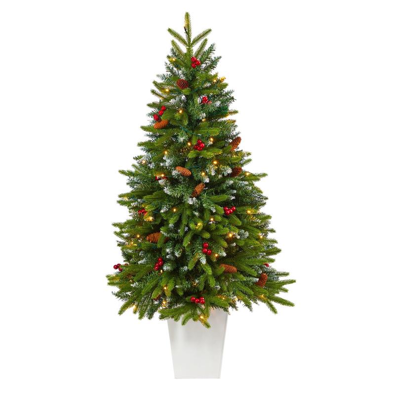 56 Snow Tipped Portland Spruce Artificial Christmas Tree with Frosted Berries and Pinecones with 100 Clear LED Lights in White Metal Planter