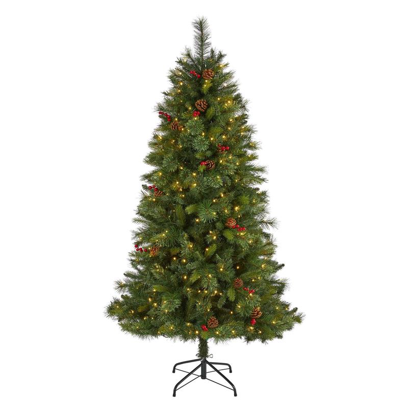 6 Aberdeen Spruce Artificial Christmas Tree with 350 Clear LED Lights, Pine Cones and Red Berries