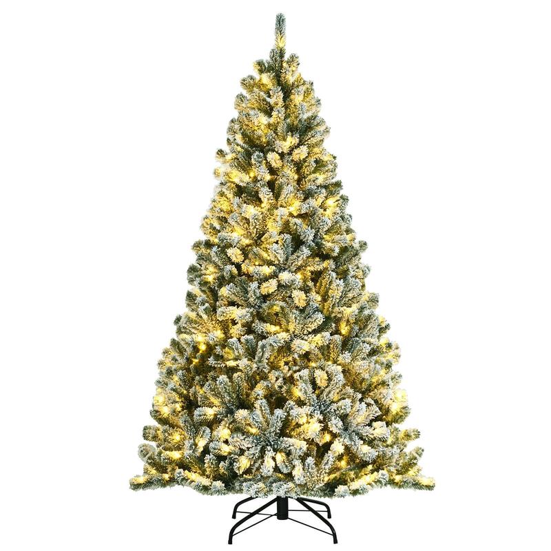 6 ft Pre-Lit Snow Flocked Hinged Christmas Tree, 928 Tips, Metal Stand, Green