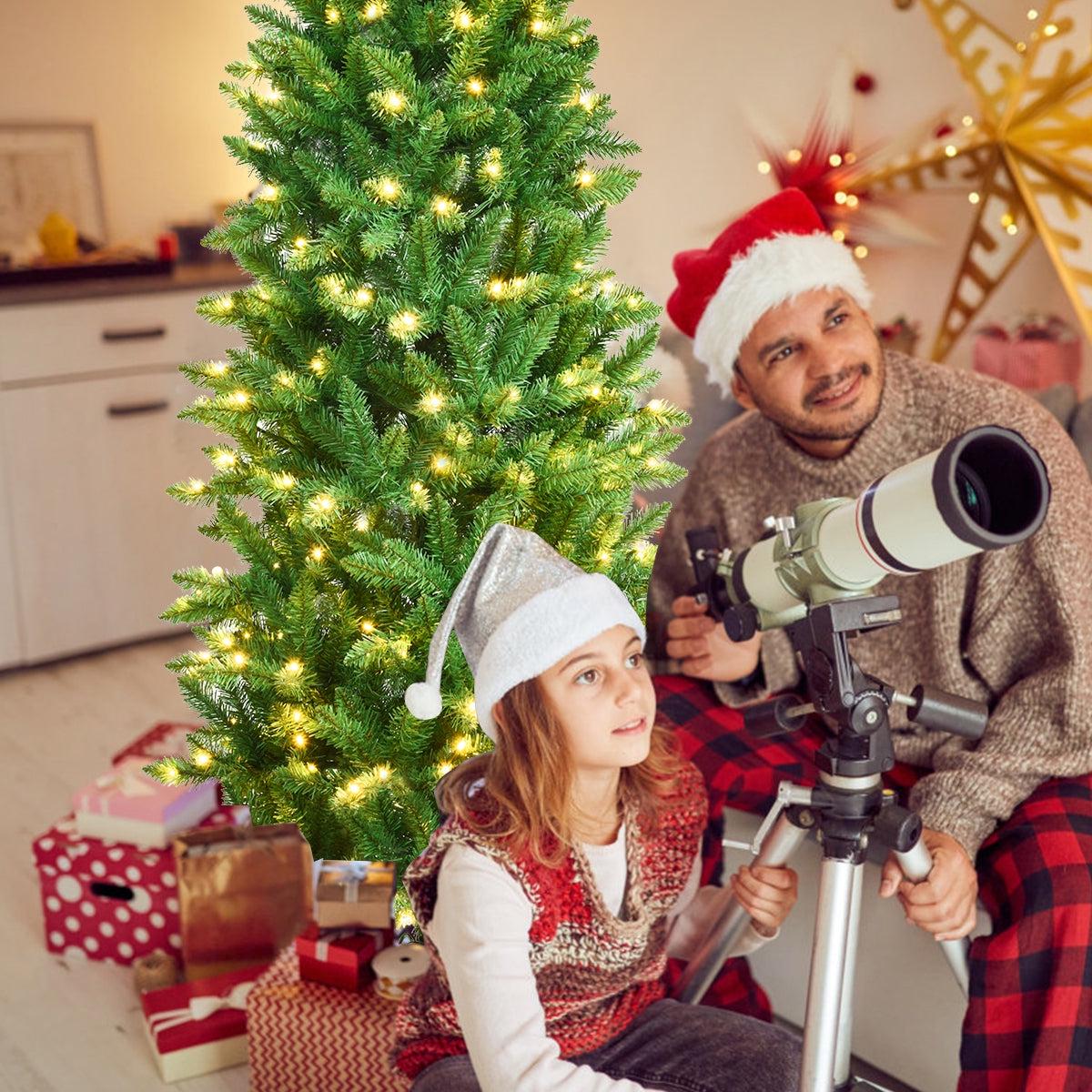 6  PVC  150  - 6  6 Feet PVC Hinged Pre-lit Artificial Fir Pencil Christmas Tree with 150 Lights-6 ft