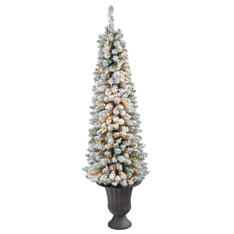 62 Flocked Pencil Artificial Christmas Tree with 200 Clear Lights and 318 Bendable Branches in Charcoal Urn