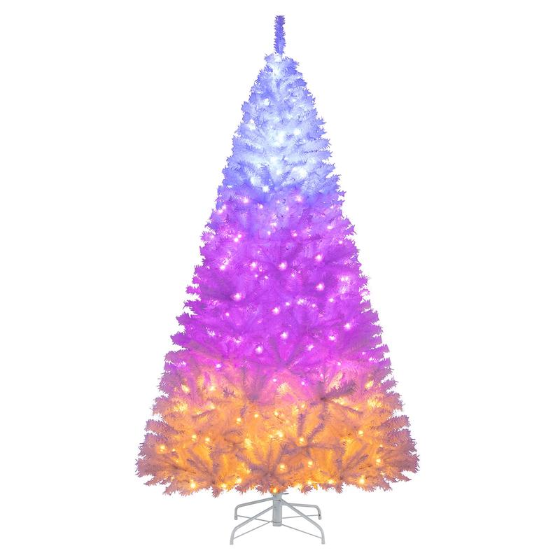 7 Feet Pre-Lit Artificial Christmas Tree, Hinged, 11 Lighting Modes, White