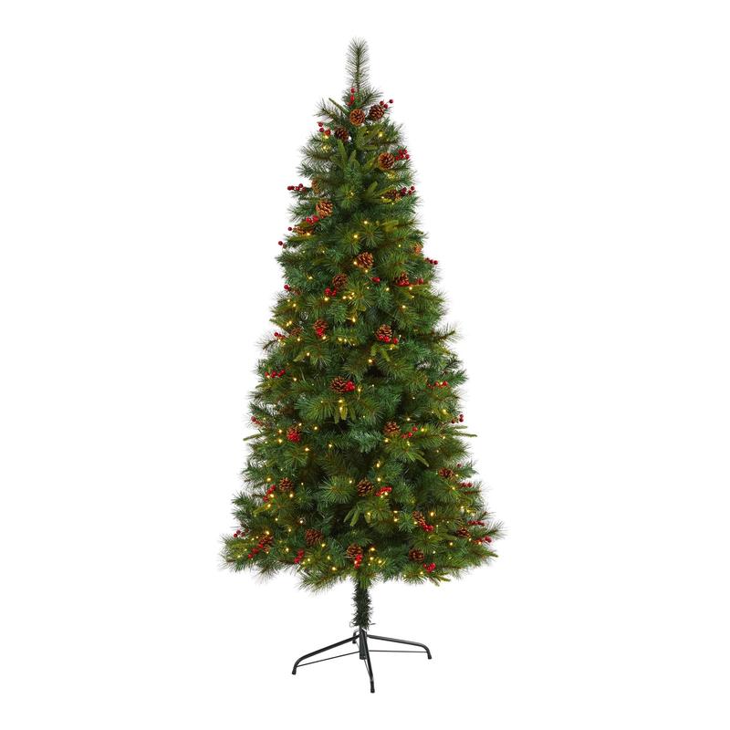 7 Mixed Pine Artificial Christmas Tree with 350 Clear LED Lights, Pine Cones and Berries