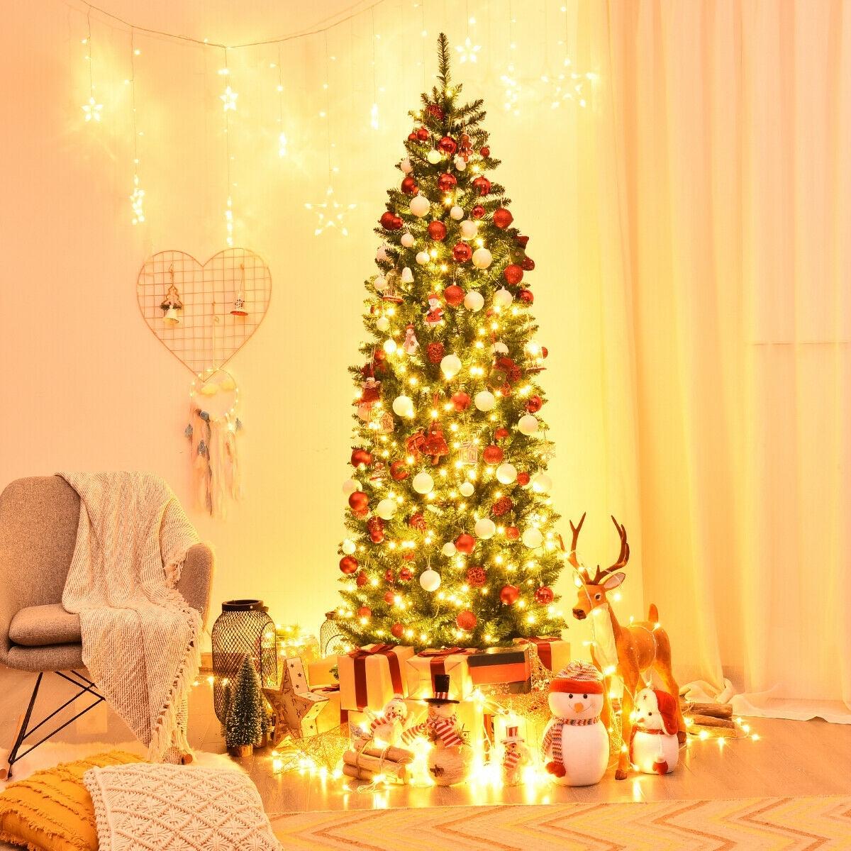 7  PVC  150  - 7  7 Feet PVC Hinged Pre-lit Artificial Fir Pencil Christmas Tree with 150 Lights-7 ft