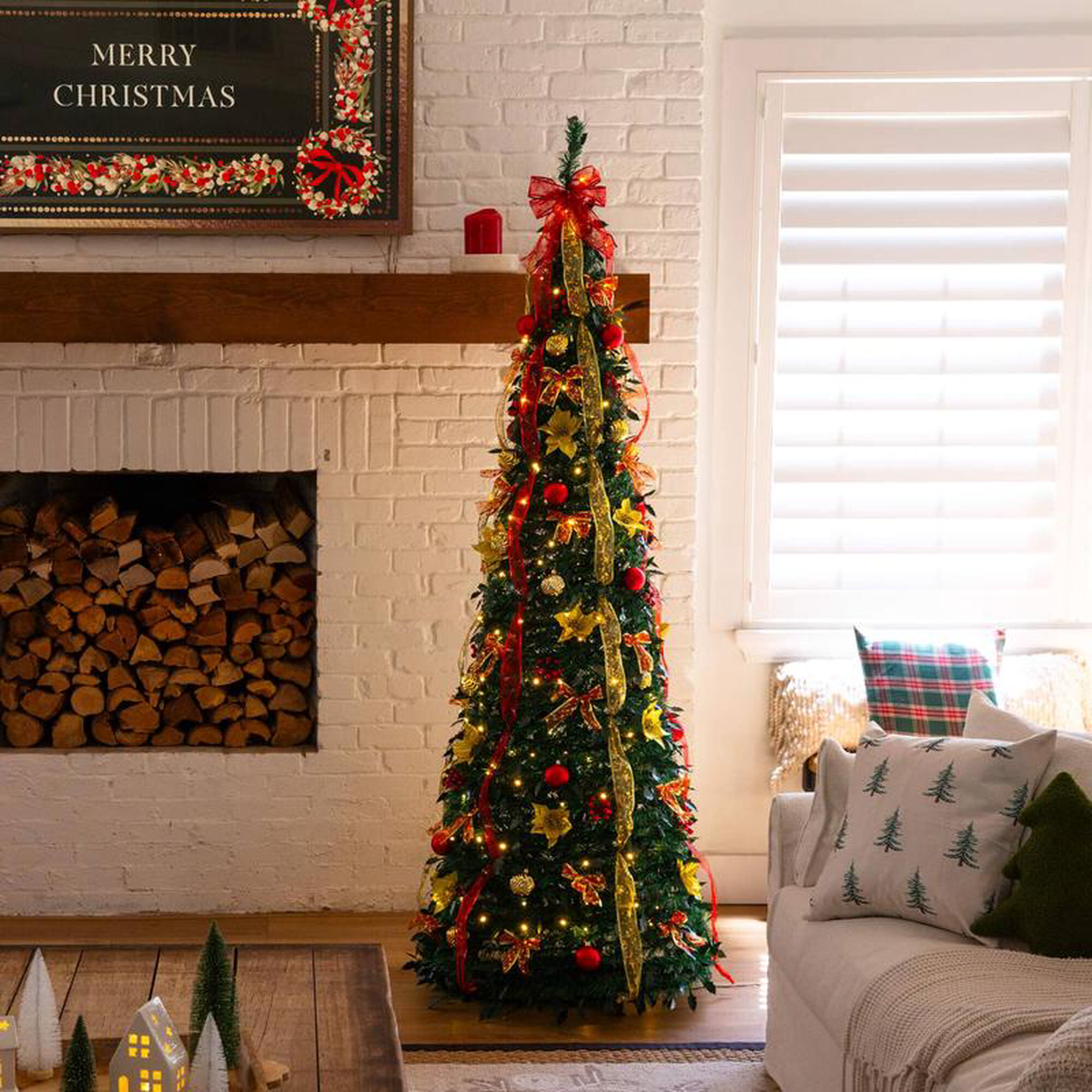 78242 Pre-Lit Artificial Pop up Christmas Tree with Red 038 Gold Ornaments Ribbons and 180 Warm White LED Lights