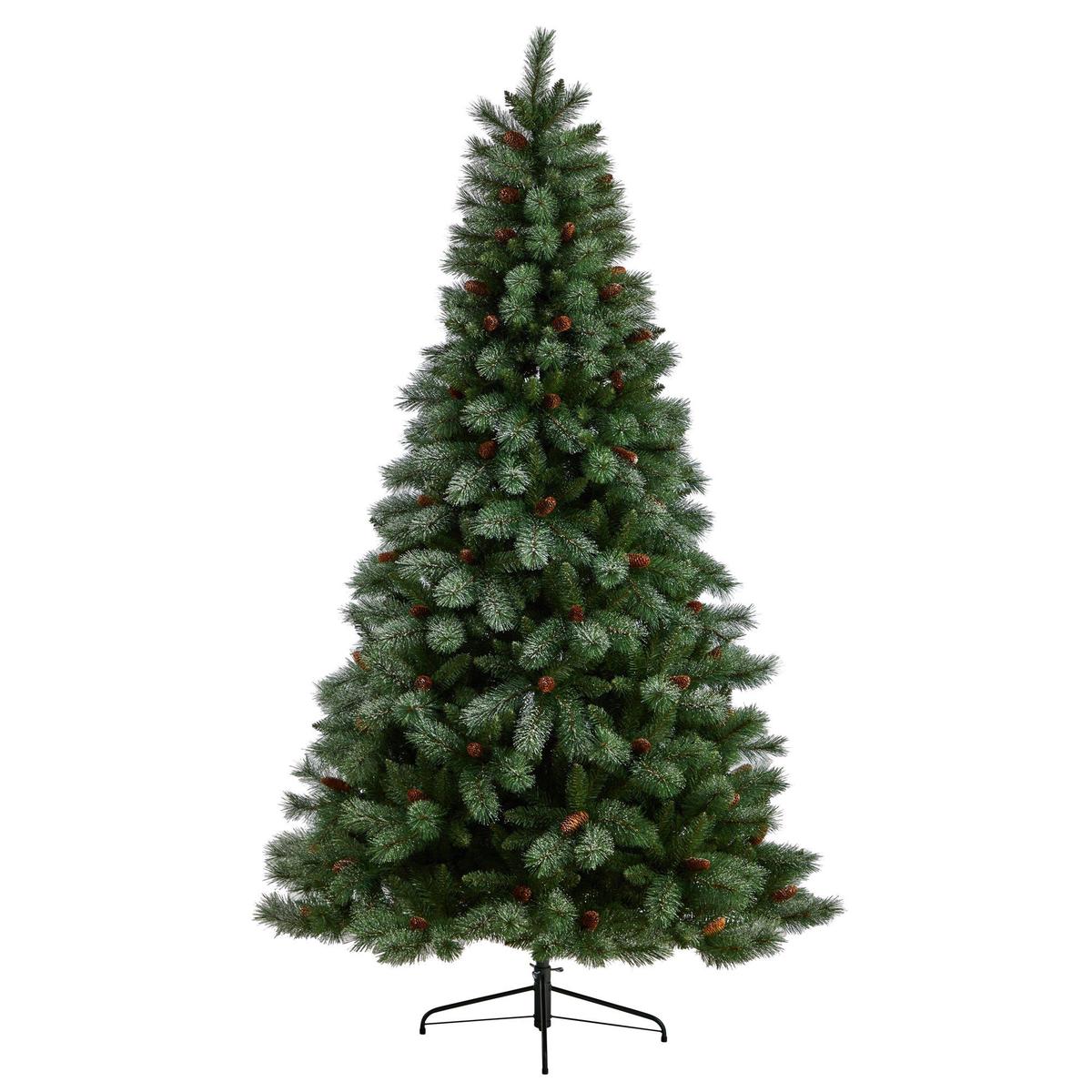 8 Snowed French Alps Mountain Pine Christmas Tree with 1159 Bendable Branches and Pine Cones