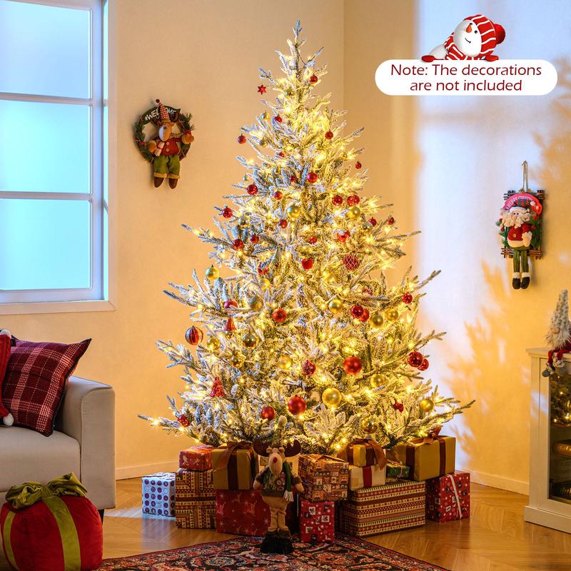 Pre-Lit Artificial Christmas Tree, 7 ft, Hinged Snow Flocked, Green - Green
