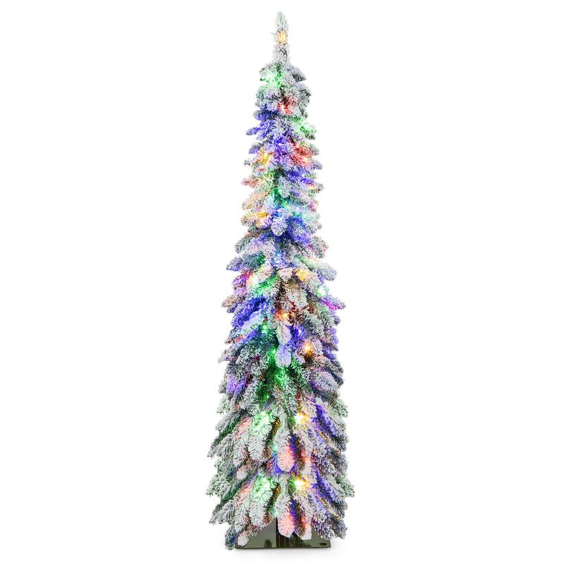 Pre-Lit Artificial Christmas Tree, Snow-Flocked Slim Pencil, 5 ft, White - White