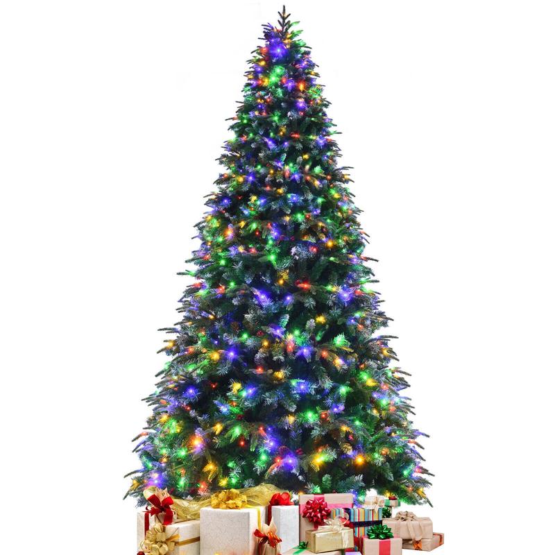 Pre-Lit Snowy Christmas Hinged Tree, Multi-Color Lights, 9', Green - Green