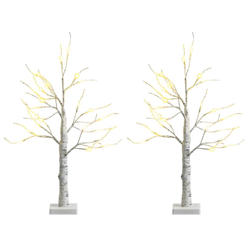 Set Of 2 Pre-Lit Twig Birch Tree, Battery Powered, White