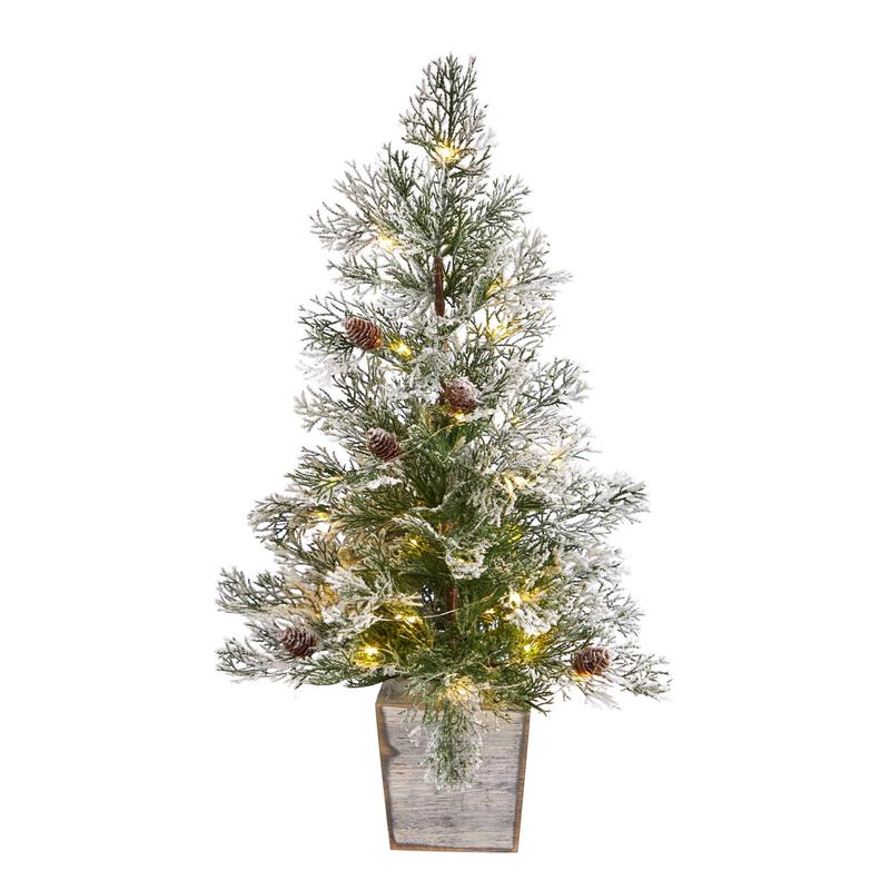 2 Frosted Pre-Lit Artificial Christmas Tree with Pinecones in Decorative Planter