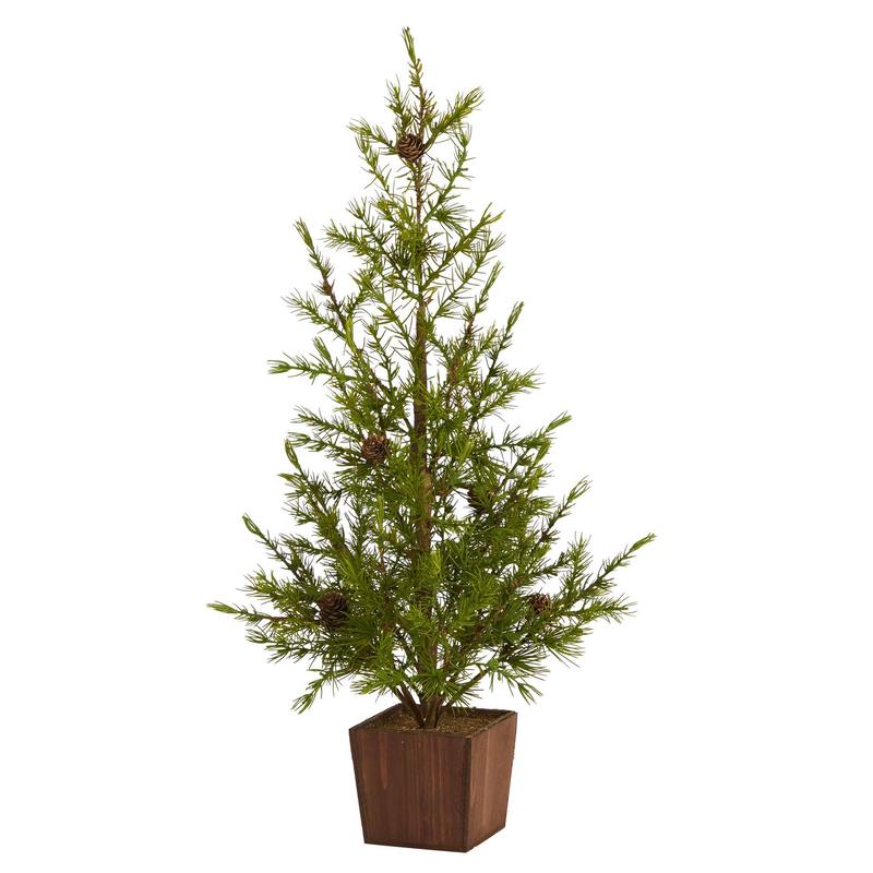 28 Alpine Natural Look Artificial Christmas Tree in Wood Planter with Pine Cones