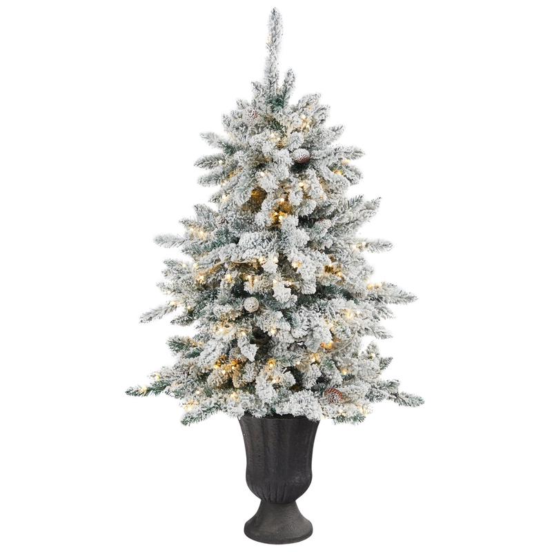 4.5 Flocked Livingston Fir Artificial Christmas Tree with Pine Cones and 150 Clear Warm LED Lights in Charcoal Urn