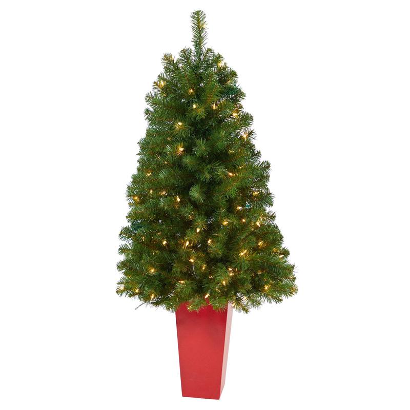 4.5 Virginia Fir Artificial Christmas Tree with 100 Clear Lights and 223 Bendable Branches in Red Planter