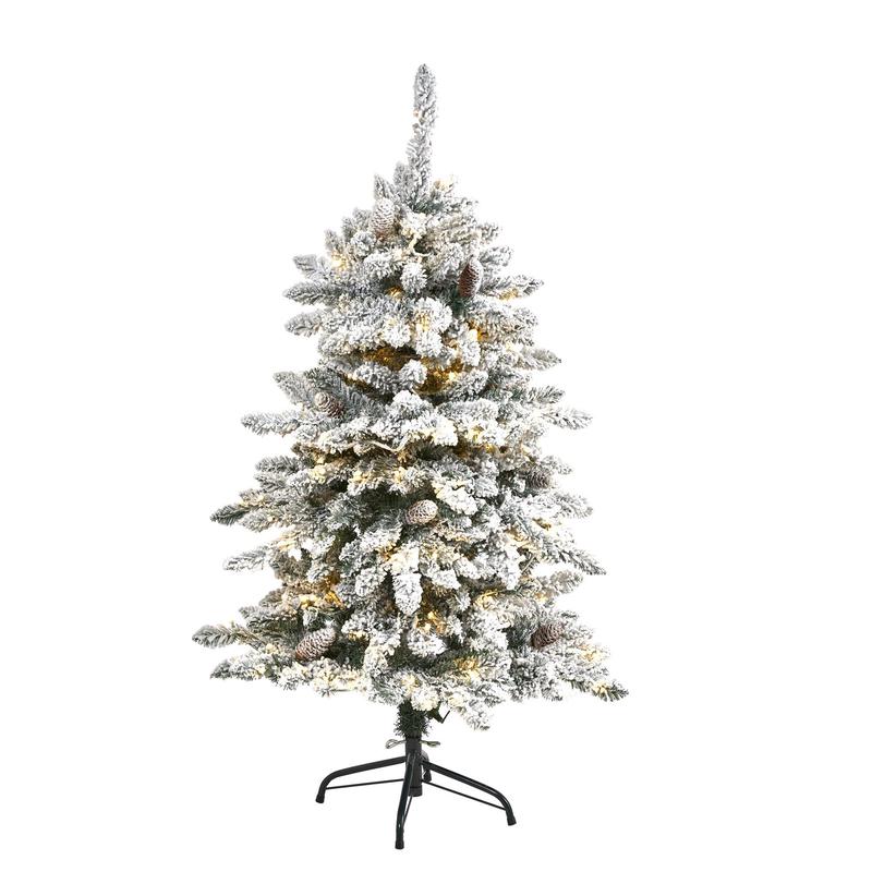 4 Flocked Livingston Fir Artificial Christmas Tree with Pine Cones and 150 Clear Warm LED Lights