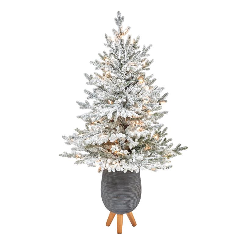 45 Flocked Fraser Fir Artificial Christmas Tree with 200 Warm White Lights and 481 Bendable Branches in Gray Planter with Stand