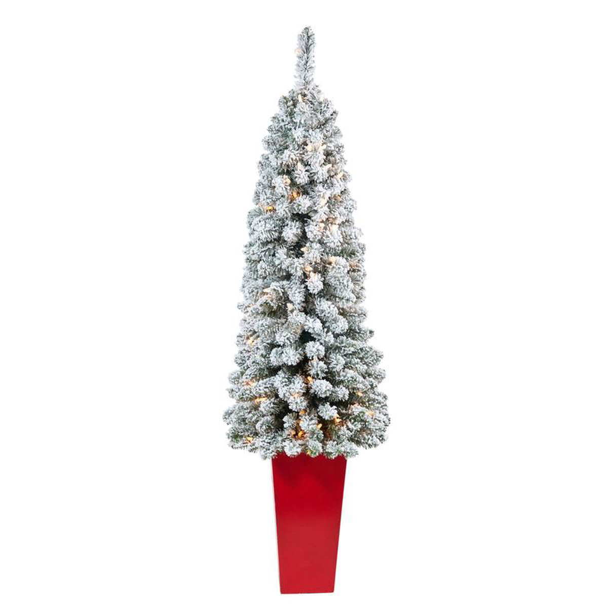 45 Flocked Pencil Artificial Christmas Tree with 100 Clear Lights and 216 Bendable Branches in Tower Planter