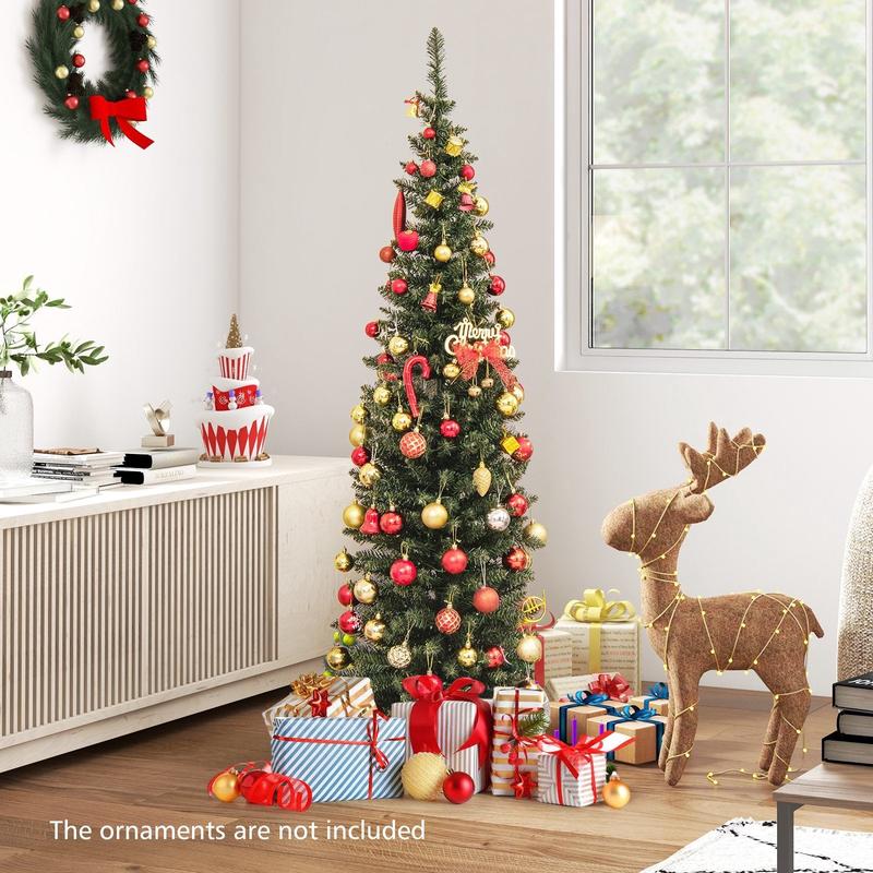 5/6/7/8/9 Feet Pre-lit Pencil Artificial Christmas Tree with 150/180/200//300/400 Warm White LED Lights-6 ft