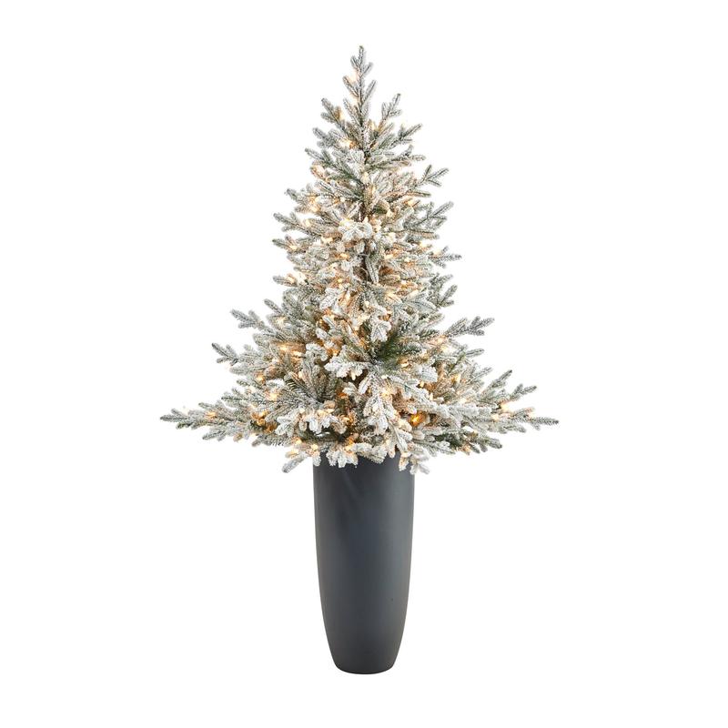 5 Flocked Fraser Fir Artificial Christmas Tree with 300 Warm White Lights and 967 Bendable Branches in Gray Planter