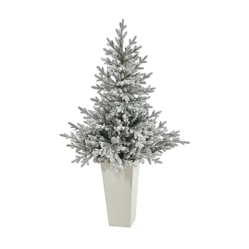 57 Flocked Fraser Fir Artificial Christmas Tree with 300 Warm White Lights and 967 Bendable Branches in Tower Planter