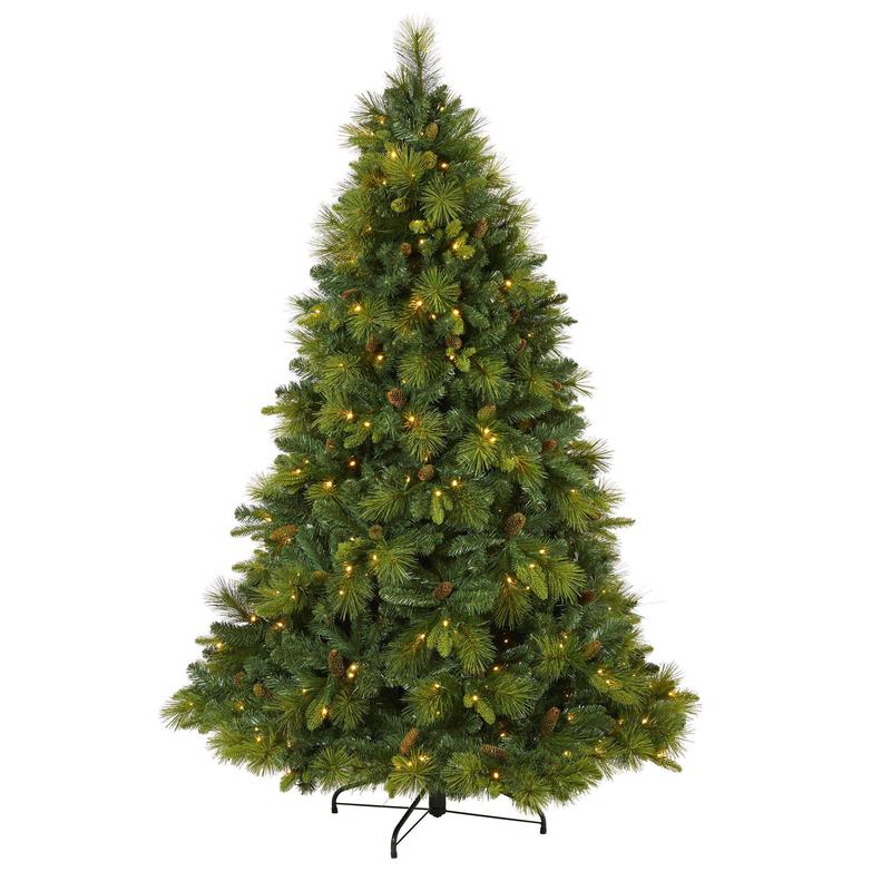 6.5 North Carolina Mixed Pine Artificial Christmas Tree with 350 Warm White LED Lights, 1367 Bendable Branches and Pinecones