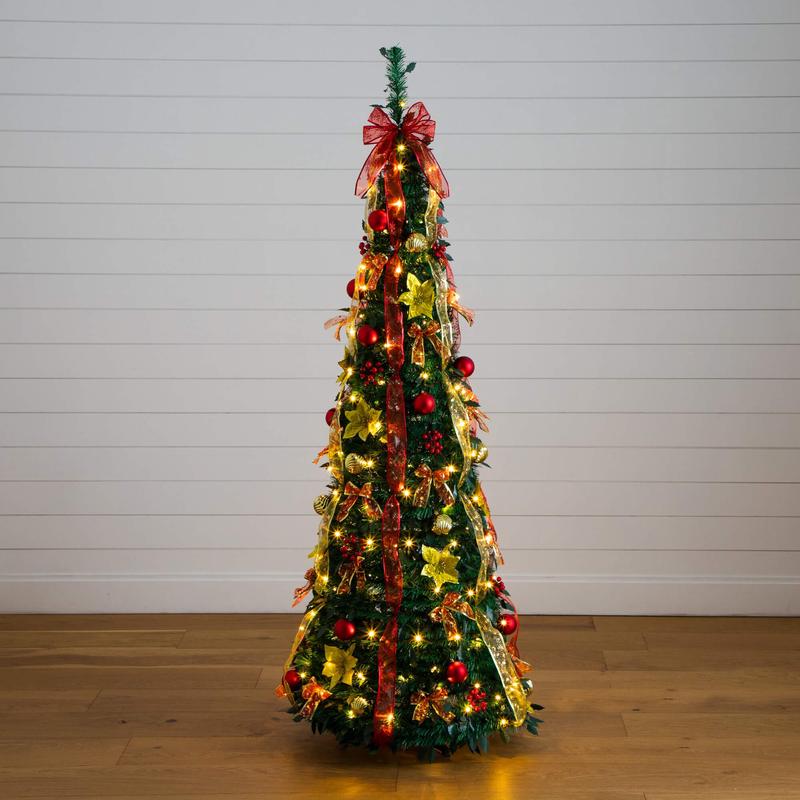 6' Pre-Lit Artificial Pop up Christmas Tree with Red & Gold Ornaments, Ribbons and 150 Warm White LED Lights