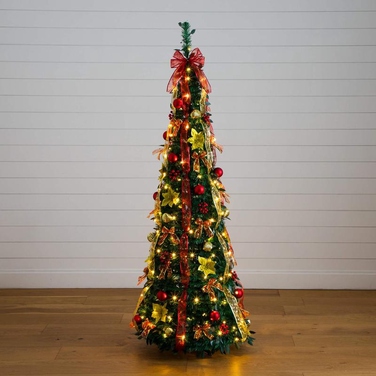68217 Pre-Lit Artificial Pop up Christmas Tree with Red 038 Gold Ornaments Ribbons and 150 Warm White LED Lights