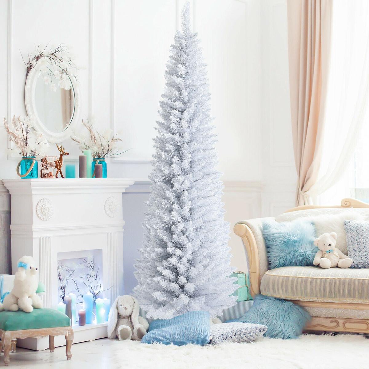 7  7 Feet Unlit Artificial Slim Christmas Pencil Tree with Metal Stand