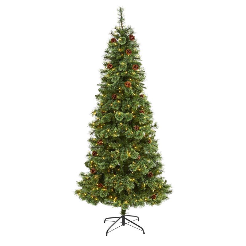 7 White Mountain Pine Artificial Christmas Tree with 400 Clear LED Lights and Pine Cones