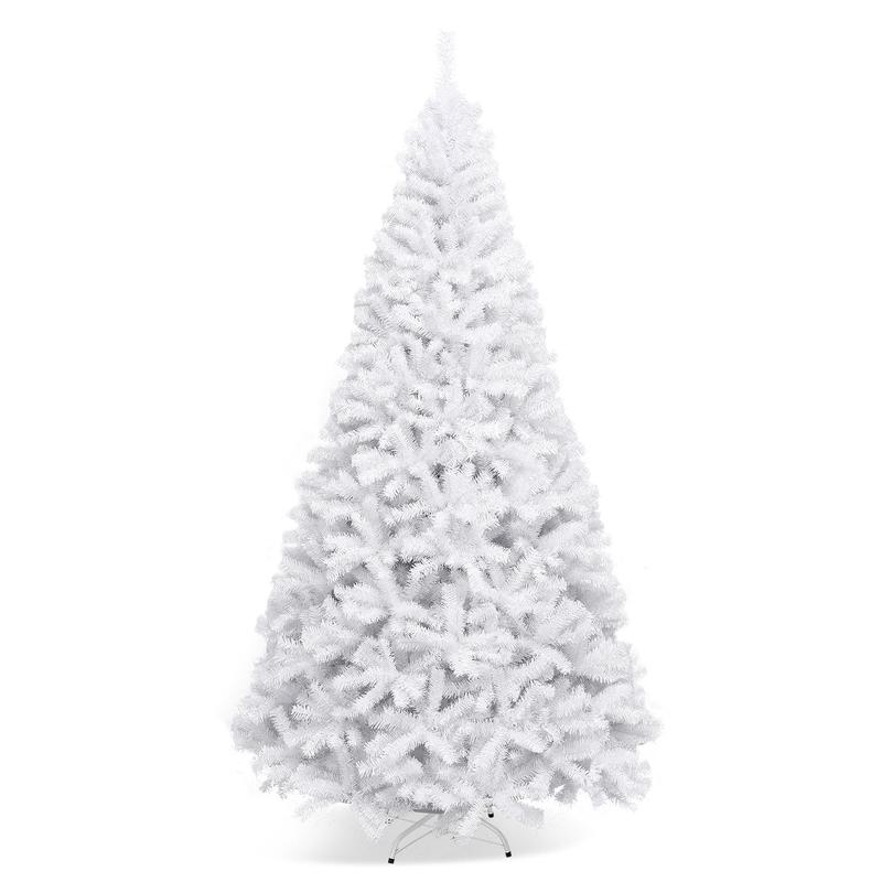 9 Feet Hinged Artificial Christmas Tree, Metal Stand, White - White