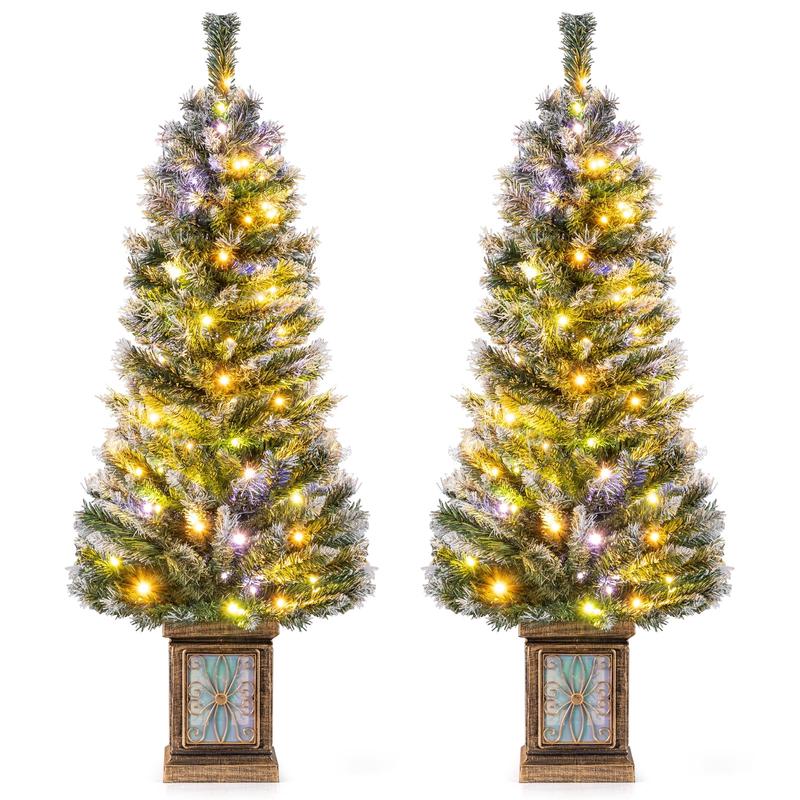Set of 1/2 4 FT Pre-lit Artificial Christmas Trees Potted Xmas Tree with 80 Dimmable LED Lights-Set of 2 - Options