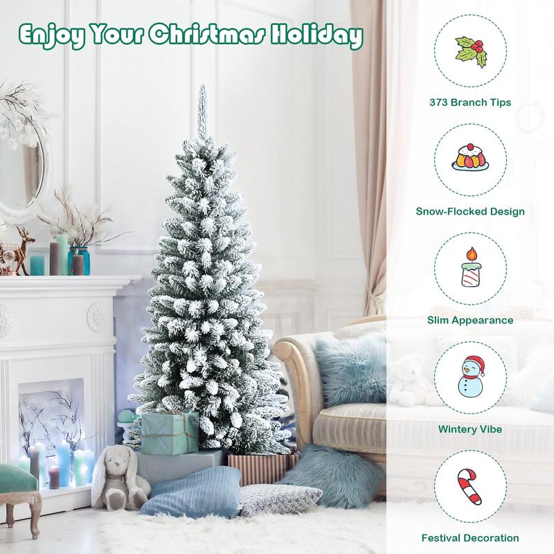 Snow-Flocked Hinged Artificial Christmas Pencil Tree with Mixed Tips-4.5'