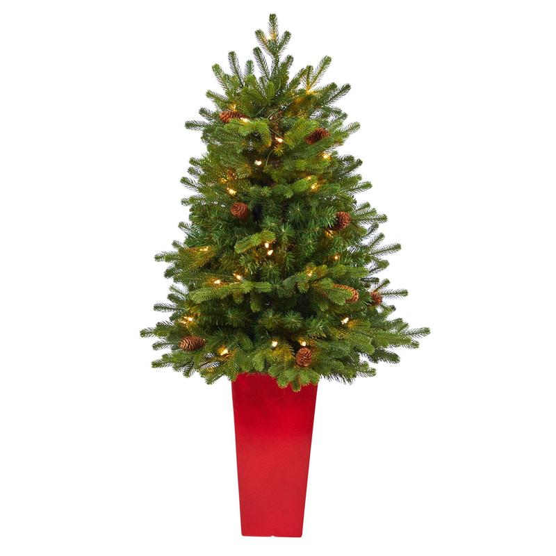 3.5 Yukon Mountain Fir Artificial Christmas Tree with 50 Clear Lights and Pine Cones in Red Planter