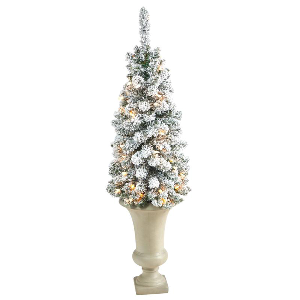 35 Flocked Pencil Artificial Christmas Tree with 50 Clear Lights and 132 Bendable Branches in Sand Colored Urn