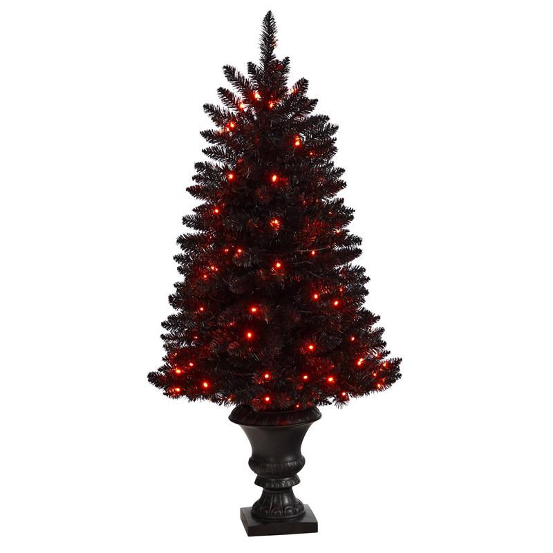4 Black Halloween Artificial Christmas Tree in Urn with 100 Orange LED Lights