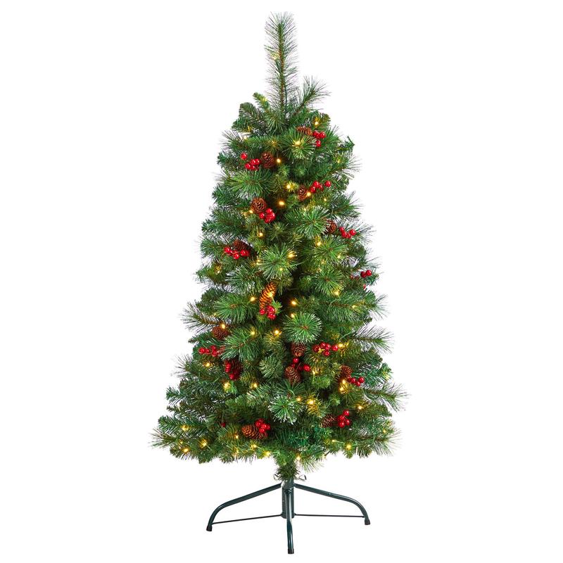 4 Flat Back Montreal Mountain Artificial Christmas Tree with Pine Cones and Berries